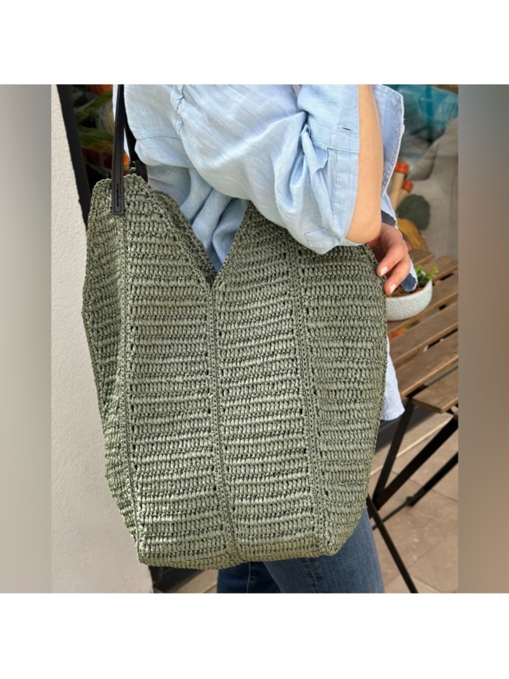 Zara Olive Woven Tote Bag with Dark Handles - Picture 2 of 4